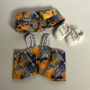 Designer Graffiti Overalls Boots Bucket Hat 3 Piece Outfit For Labubu Blue